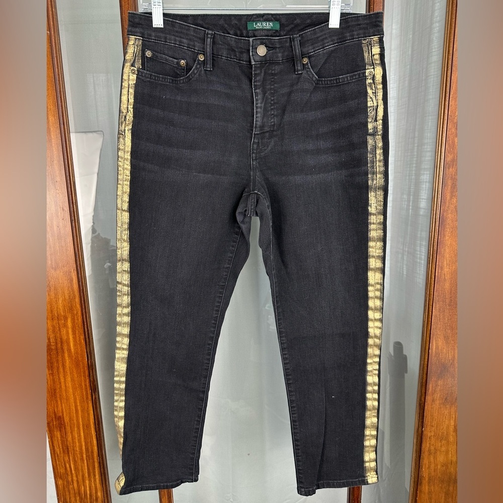 Lauren Ralph Lauren Jeans Womens 12 Black Denim Gold Side Stripe Old Money